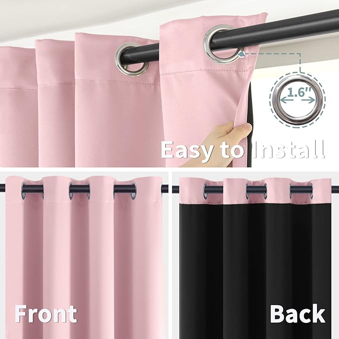 BGment Baby Pink 100% Blackout Curtains for Nursery Bedroom 63 Inch Length 2 Panels, Thermal Insulated Full Light Blocking Grommet Noise Cancelling Window Curtains for Girls Room, 60 Inch Wide Each