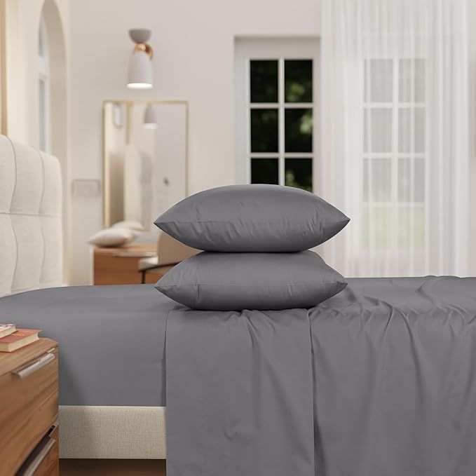 IZOD 100% Egyptian Cotton Sheets Set Twin XL Size, Cotton Percale Crisp Sheet Set 3Pc,Lightweight & Deep Pocket fits Upto 17", Long-Staple Soft Combed, Hotel Style Luxury Bedding Sheet-Carbon Steel
