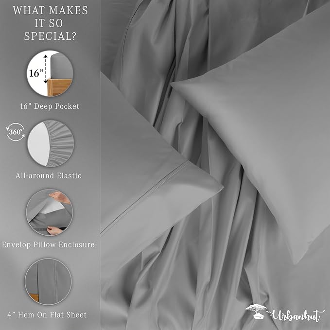URBANHUT 800 Thread Count 100% Cotton King Size Sheets, Luxury 4 Piece King Bedsheets, Hotel Sheets Sateen Finish - Better Than Egyptian, 16" Elasticized Deep Pocket - Dark Grey