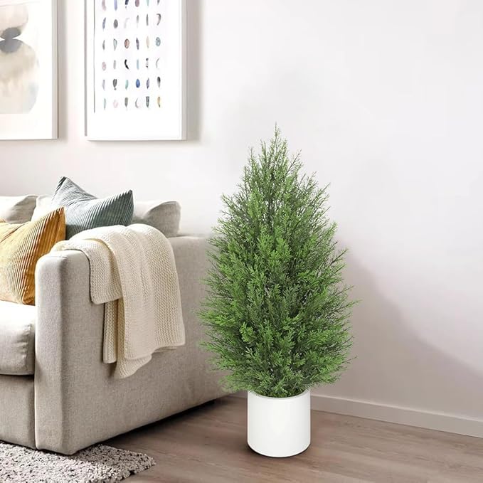 Briful 2PCS 3ft Artificial Cedar Topiary Trees in White Planter – Compact Faux Evergreen Potted Plants with Dense Realistic Layered Leaves, Lifelike Fake Cypress Trees for Home, Office, Patio, Porch