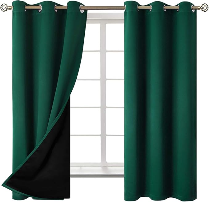 BGment Thermal Insulated 100% Blackout Curtains for Bedroom with Black Liner, Double Layer Full Room Darkening Noise Reducing Grommet Curtain (42 x 63 Inch, Emerald, 2 Panels)