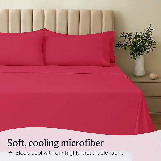 LuxClub 4 PC Sheet Set Bed Sheets Deep Pockets 16" Eco Friendly Wrinkle Free Cooling Machine Washable Hotel Bedding Silky Soft - Red Full