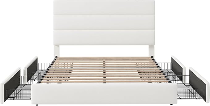 Allewie Modern Full Size Platform Bed Frame with 4 Storage Drawers and Velvet Upholstered Headboard, Wooden Slats Support, Upholstered Mattress Foundation/No Box Spring Needed/Easy Assembly, White