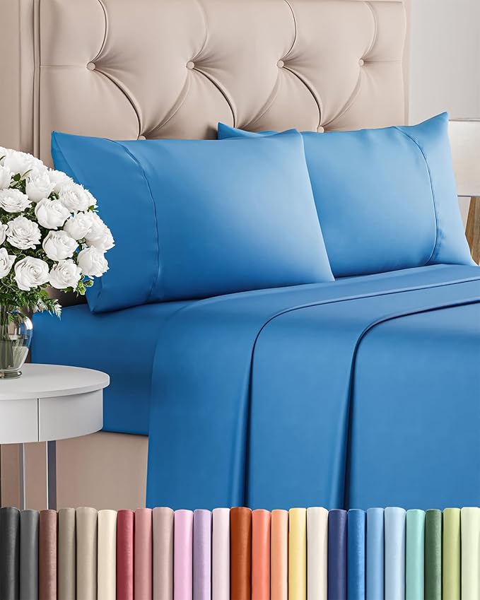 Twin XL 4 Piece Sheet Set - Cooling, Comfy & Breathable - Hotel Luxury Bedding, Includes Fitted Sheet for Women, Men, Kids & Teens - 1 Flat, 1 Fitted Sheet, 2 Pillowcases w/Deep Pockets - Royal Blue