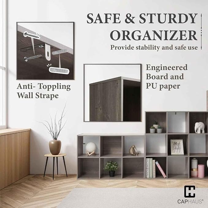 CAPHAUS Sturdy Room 11-Inch Cube Storage Organizer Shelf, with Thick Exterior Edge, Storage Shelf Divider w/Back, Bookcase, 9-Cube, Rustic Grey Oak
