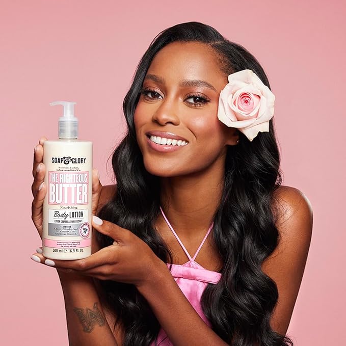 Soap & Glory Original Pink The Righteous Butter Moisturizing Body Lotion Pump - Shea Butter, Vitamin E & Aloe Vera Vegan Body Moisturizer - Rose & Bergamot Scented Lotion (500ml) (Pack of 2)