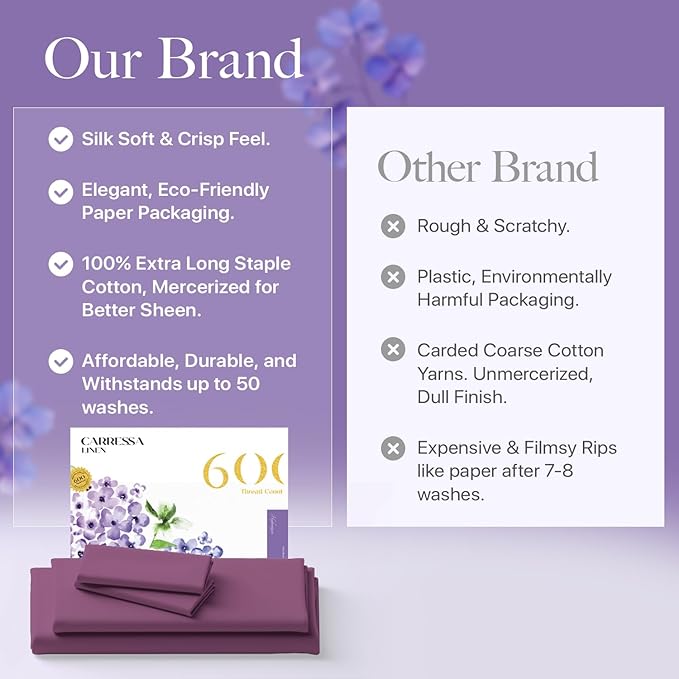 Carressa Linen 100% Egyptian Cotton King Size Sheets Set - 600 Thread Count Egyptian Cotton Queen Sheets King Size (4 PC, Plum Purple), Soft, Cooling, 16" Deep Pocket Sateen Weave Luxury Bed Sheet Set