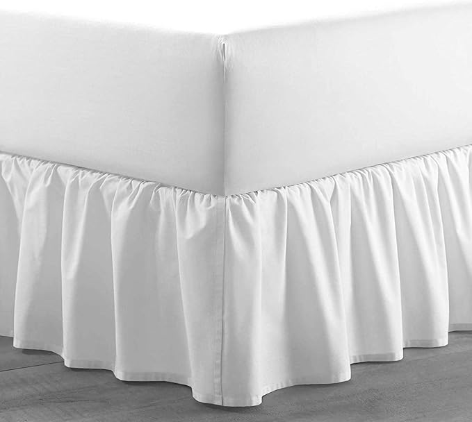 White Solid Ruffled Bed Skirt Queen-XL-15 Inch Drop Split Corner, Microfiber Bedskirt with Platform Three Sided Coverage