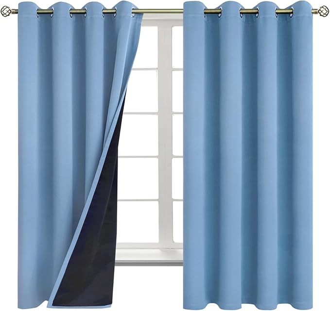BGment Thermal Insulated 100% Blackout Curtains for Bedroom with Black Liner, Double Layer Full Room Darkening Noise Reducing Grommet Curtain (52 x 63 Inch, Denim Blue, 2 Panels)