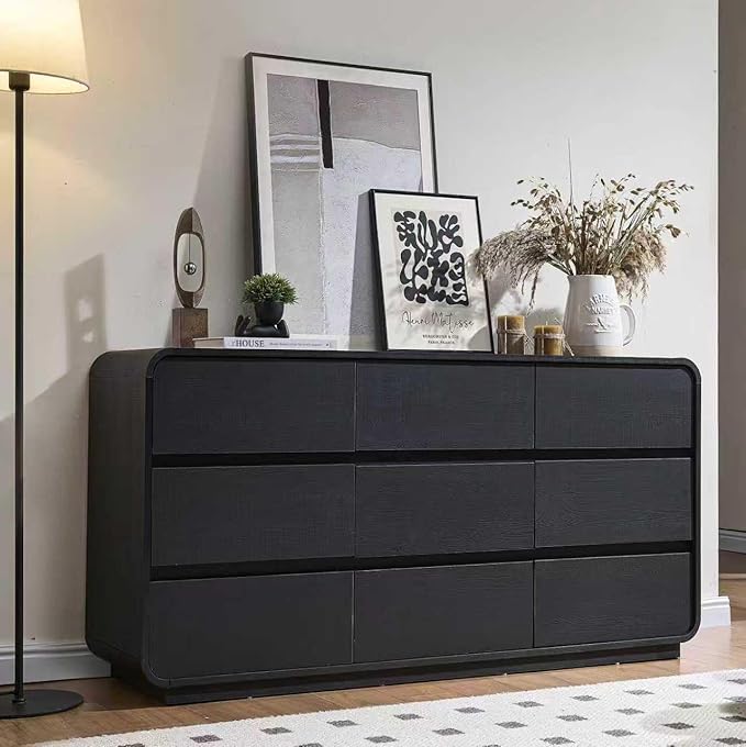 9 Dresser for Bedroom, 57" Wide Vertical Drawer Dresser with Large Storage, Wooden Drawer Closet for Bedroom, Living Room, Black