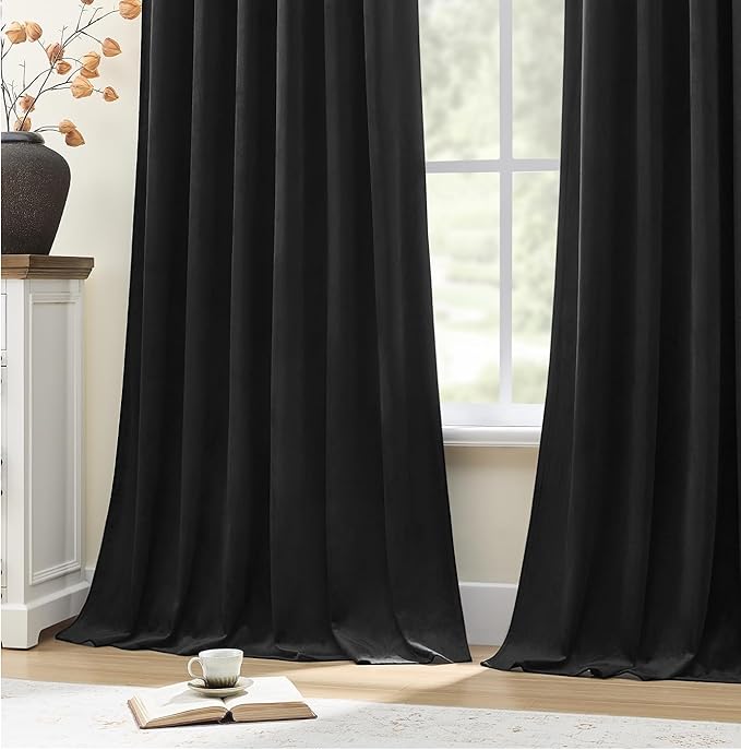 AUSSPVOCT Black Velvet Blackout Curtains 84 Inches for Bedroom, Room Darkening Drapes Super Soft Elegant Thermal Insulated Soundproof Curtain for Living Room, Back Tab Rod Pocket, W52 x L84, 2 Panels