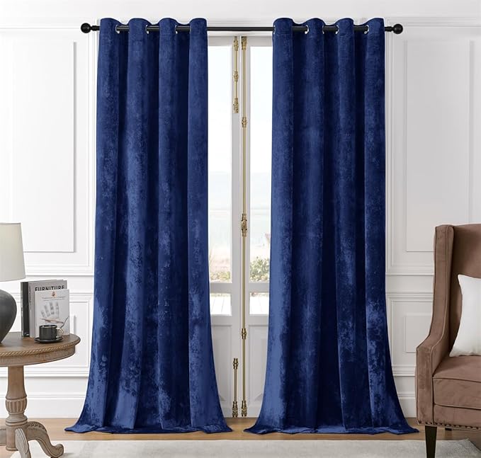 SMILETIME Navy Blue Crushed Velvet Curtains 52x90 inch Luxurious Thermal Insulated Soundproof Drapes for Living Room Bedroom Office Soft and Durable Light-Filtering Window Treatments, 2 Panels