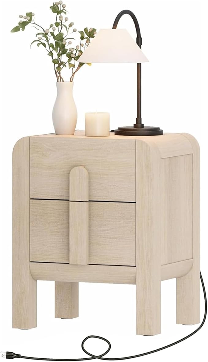 WAMPAT 23.7" Tall Modern Nightstand with Charging Station,Wood Bedside Table w/2 Storage Drawers,Curved Profile Design,Sofa Side Table End Table for Bedroom, Living Room, Beige
