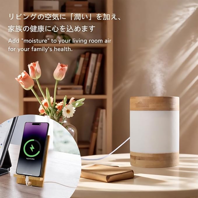 Bamboo Ultrasonic Cool Mist Humidifier with Phone Stand, 400ml Quiet Desktop Mini Humidifier with Dual LED Night Light, USB-C Powered, Auto Shut-Off for Bedroom, Office & Home