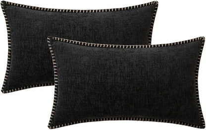 MIULEE Pack of 2 Couch Throw Pillow Covers 12x20 Inch Black Farmhouse Decorative Pillow Covers with Stitched Edge Soft Chenille Solid Dyed Spring Pillow Covers for Sofa Bed Living Room