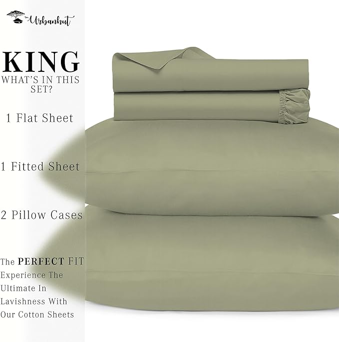 URBANHUT 800 Thread Count 100% Cotton King Size Sheets, Luxury 4 Piece King Bedsheets, Hotel Sheets Sateen Finish - Better Than Egyptian, 16" Elasticized Deep Pocket - Sage