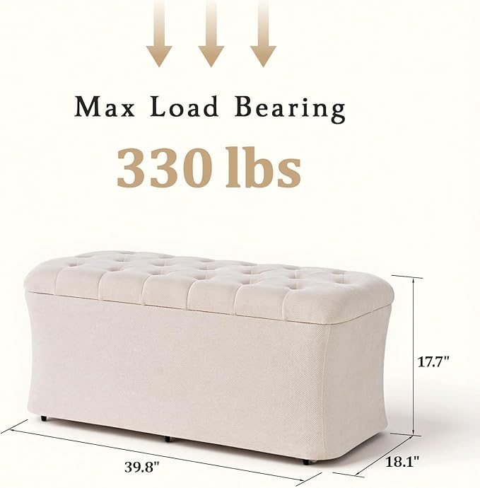 ONBRILL Storage Ottoman Bench, End of Bed Bench, 39.8 x 18.1 x 17.7 Inches Pouf Ottoman Foot Rest, Storage Benches Chest for Bedroom Entryway Living Room, Max 330 lbs, Beige