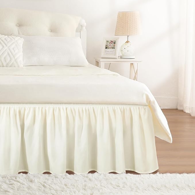 RIMELA Ivory White King Size Bed Skirt 15 Inch Drop, Elastic Bed Skirts Cal King Dust Ruffle, Bedskirt for Adjustable Bed Base Solid Fade Resistant Silky Fabric Machine Washable Easy to Install