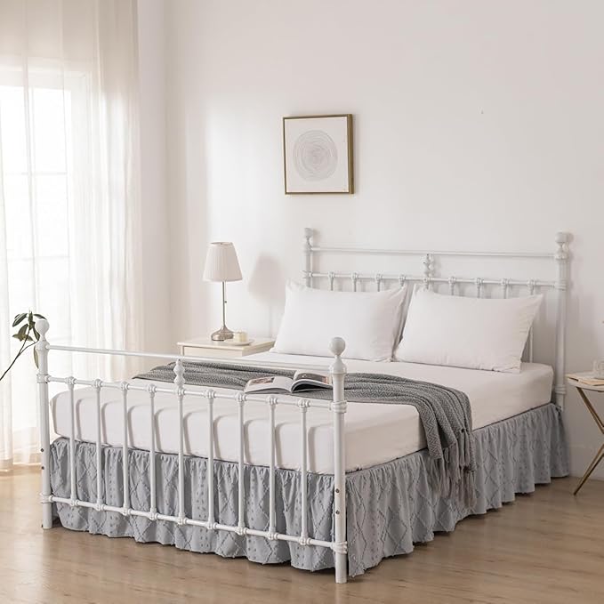 Bed Skirt Queen Size Ruffled Bed Skirt with Split Corners, 14 Inch Drop Dust Ruffle Bed Skirts with Platform, Boho Tufted Shabby Chic Full Size Bed Skirts, Light Grey