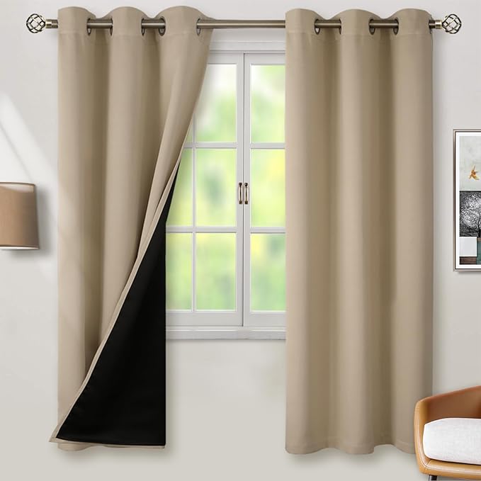 BGment Thermal Insulated 100% Blackout Curtains for Bedroom with Black Liner, Double Layer Full Room Darkening Noise Reducing Grommet Curtain (42 x 72 Inch, Sand, 2 Panels)