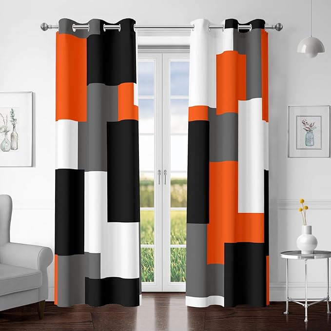 Orange 100% Blackout Curtains for Bedroom 63 inch Length 2 Panels Set White Grey Modern Abstract Geometric Black Out Curtains Insulated Room Darkening Window Drapes for Living Room, 42Wx63L