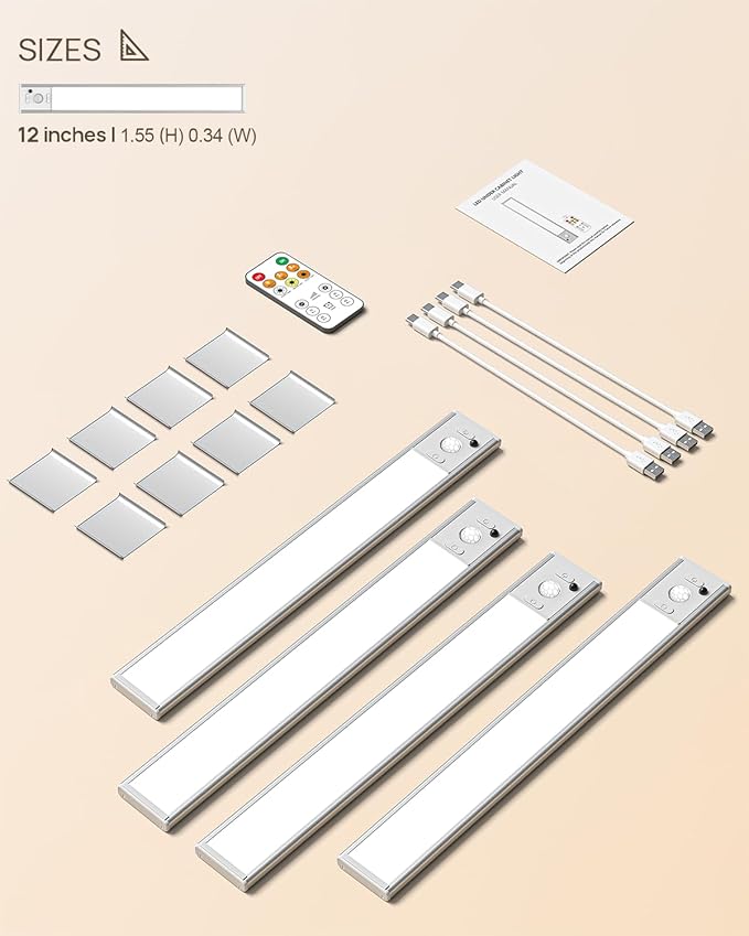 Under Cabinet Lighting with Remote Control,2500mAh USB Rechargeable Motion Sensor Light Indoor,350 Lumen LED Closet Lights,3 Color Temps Wireless Under Counter Lights for Kitchen,Pantry, Stair, 4 Pack