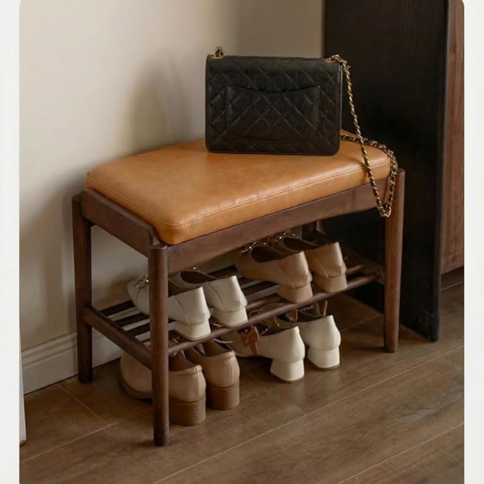 Black Walnut Shoe Bench Assembled, Solid Wood Shoe Rack Bench with Silicone Leather Cushion for Entryway, Living Room, Bedroom, Hallway