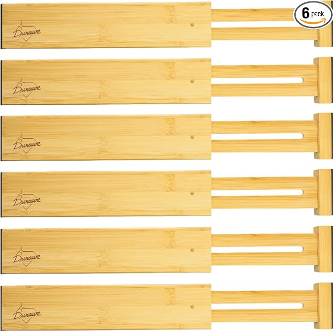 Adjustable Bamboo Drawer Dividers Organizers Expandable (12-16") Kitchen Drawer Organizer Spring Loaded for Kitchen, Dresser, Bathroom, Bedroom, Desk 6-pack Small