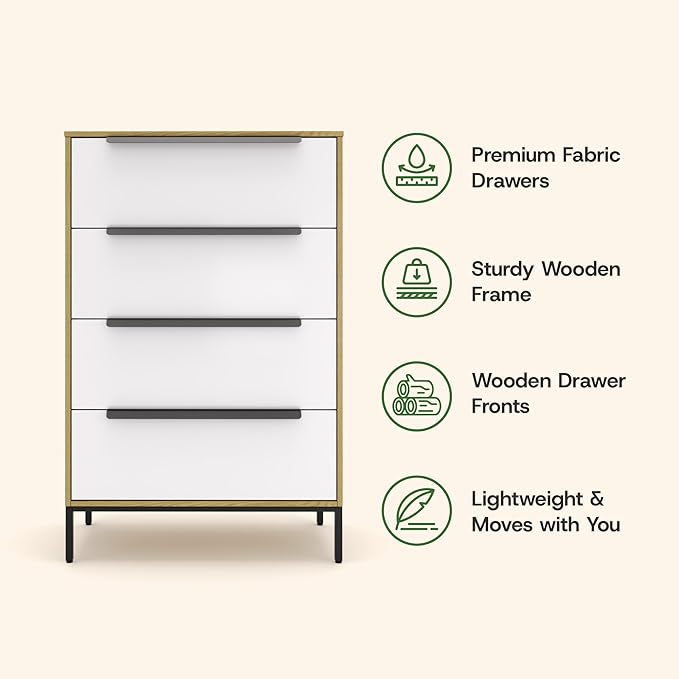 tinge Lira Premium Fabric Dresser - Solid Wooden Frame, 4 Spacious Sag-Proof Drawers with Sleek Metal Handles - Sleek & Durable Storage Solution for Your Home (Light Brown)