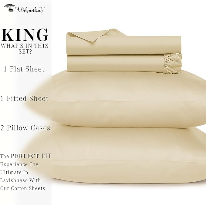 URBANHUT 800 Thread Count 100% Cotton King Size Sheets, Luxury 4 Piece King Bedsheets, Hotel Sheets Sateen Finish - Better Than Egyptian, 16" Elasticized Deep Pocket - Sand