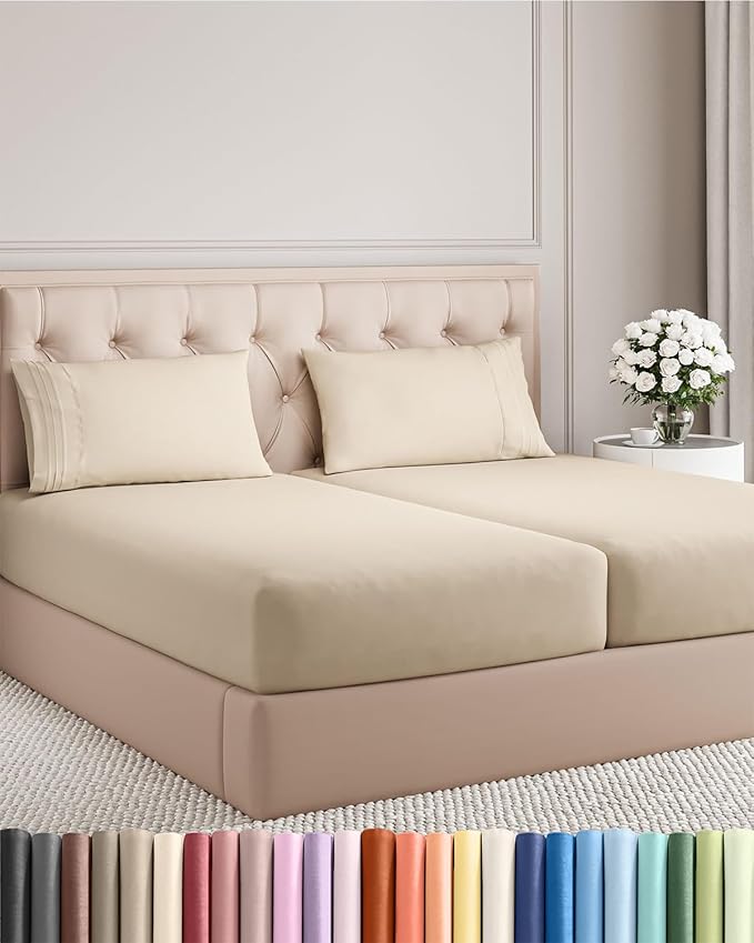 Split King Size 5 Piece Sheet Set - Comfy Breathable & Cooling Bed Sheets Set - Hotel Luxury Bedding for Women, Men, Kids, Teens, Boys & Girls - Deep Pockets, Soft and Wrinkle Free - Oeko-Tex - Wheat
