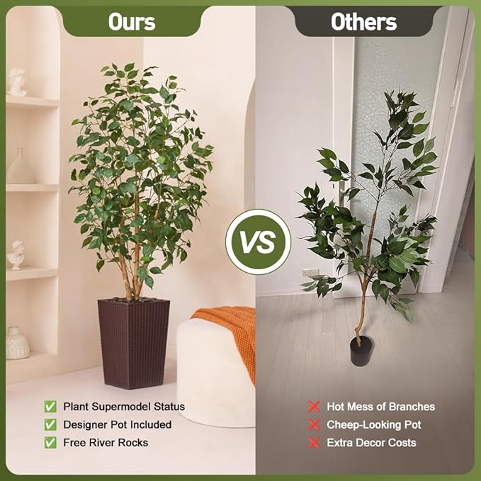 5ft Artificial Ficus Tree,Tall Faux Tree with Silk Leaves & Real Wood Trunk,UV Resistant Potted Fake Plant with Pebbles & Planter,Indoor Outdoor Floor Plant for Home,Living Room,VN129