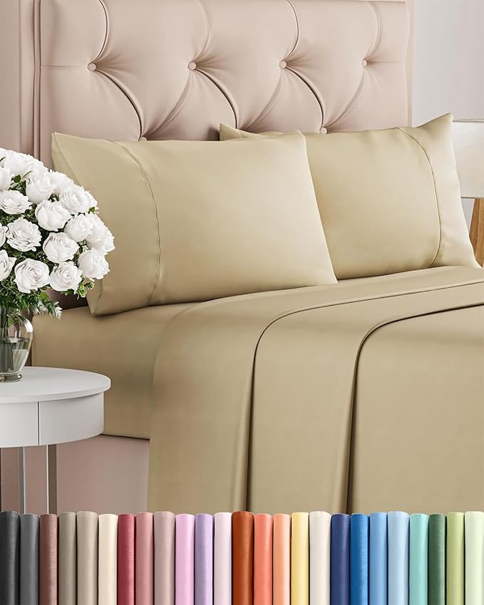 Twin 4 Piece Sheet Set - Cooling, Comfy & Breathable - Hotel Luxury Bedding, Includes Fitted Sheet for Women, Men, Kids and Teens - 1 Flat, 1 Fitted Sheet, 2 Pillowcases with Deep Pockets - Beige