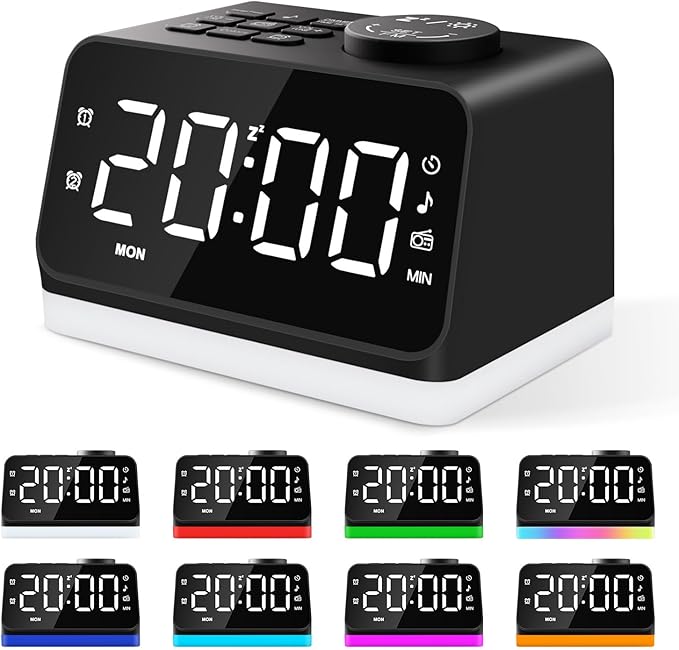 JALL Digital Alarm Clock with FM Radio for Bedroom, 8 Colors Night Light with 2 Charging Port, Sleep Sound Machines with Timer, Dual Alarm, Loud Alarm and Easy to Use for Seniors and Kids as Gift