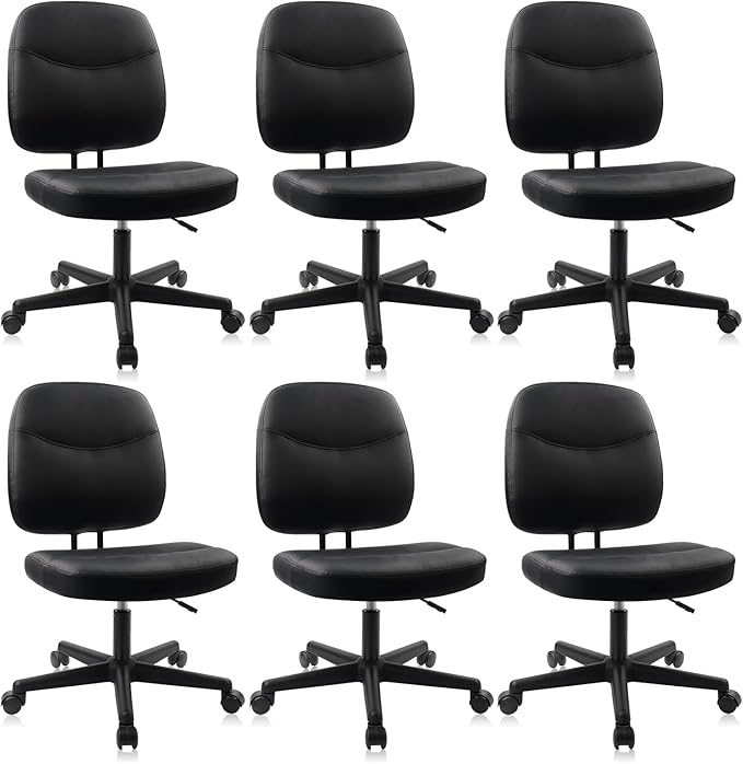 CLATINA Armless Home Office Chair, Small PU Leather Ergonomic Low Back Desk Chair with Lumbar Support and Wheels, Adjustable Height 360° Swivel Rolling Computer Task Chair, Black, 6 Pack