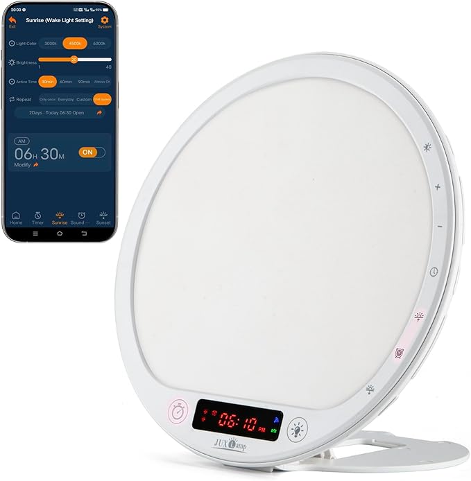 Light Therapy Lamp 10000 Lumens UV-Free Sunrise Alarm Clock Wake Up Light Super Bright Alarm Clock APP Control with 10 Built-in Natural Sounds Portable