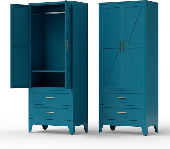 COFaR Metal Wardrobe Cabinet, 71 Farmhouse Armoire Wardrobe Closet with Rods, 2 Barn Doors, Adjustable Shelves, Steel with 2 Drawer Bedroom armoires, Blue Green