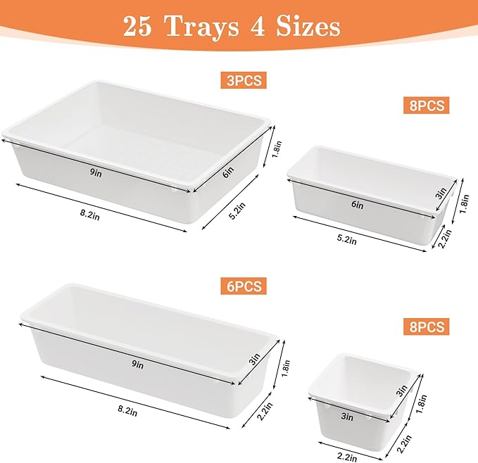 25 PCS Plastic Drawer Organizer Set, 4-Size Versatile Organizer Trays & storage Bins for Makeup, Jewelry, and Gadgets in Bathroom, Bedroom and Office, White