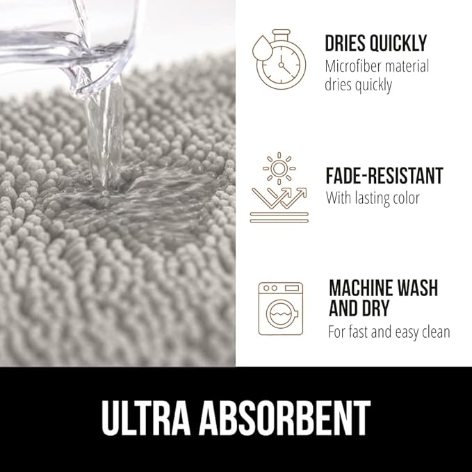 GORILLA GRIP Bath Rug Mat, Soft Absorbent Chenille, Quick Dry Microfiber Mats, Rubber Backing Washable Shower Floor Rugs, Bathmat Runner, US Designed Bathroom Home Decor Accessories 24x17 Light Gray