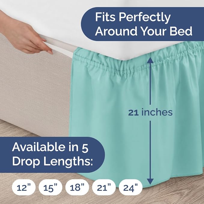 Wrap Around Dust Ruffle Bed Skirt - Spa Blue - Twin/Twin XL Size Beds with 21 Inch Drop - Easy Fit Elastic Strap - Adjustable Pleated Bedskirt w/Brushed Fabric Wrinkle Free - Women, Men, Kids & Teens