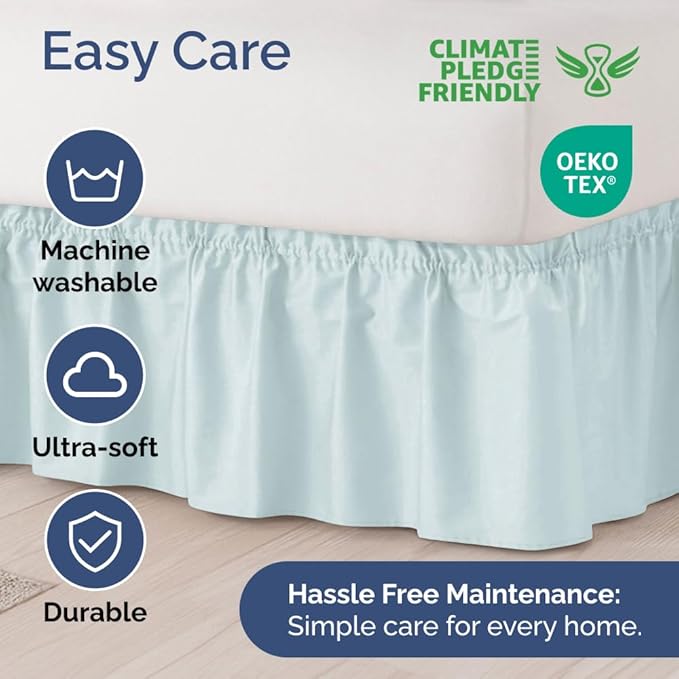 Wrap Around Dust Ruffle Bed Skirt - Ice Blue - for Full Size Beds w/ 12 Inch Drop - Easy Fit Elastic Strap - Adjustable Pleated Bedskirt w/Brushed Fabric - Wrinkle Free - for Women, Men, Kids & Teens