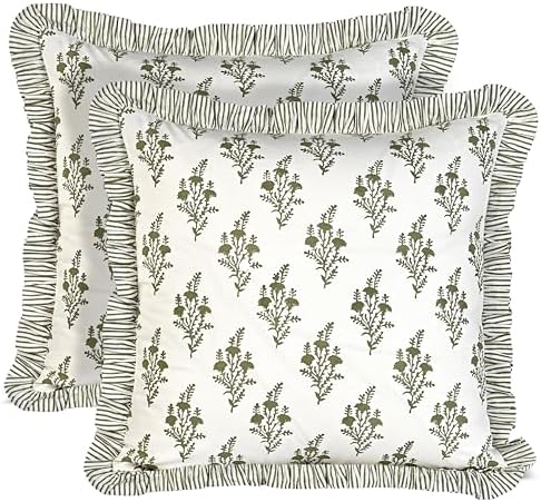 Ridhi Natural Spring Block Print Ruffle Pillow Covers 18x18 Inch Set of 2 by Ridhi