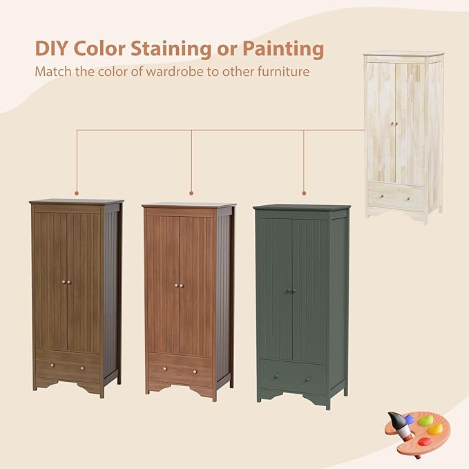 VINGLI Solid Wood Wardrobe Closet, Unfinished Natural Rubber Wood Armoire Color DIY, Wooden Wardrobe Closet with Doors and Drawers, Real Wooden Armoire for Hanging Clothes