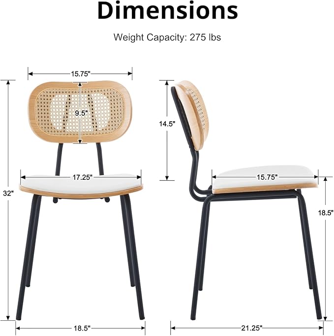 HEAH-YO Dining Chairs Set of 4, Upholstered Faux Leather Rattan Dining Chairs with Backrest and Metal Legs, Armless Kitchen Rattan Chairs for Dining Room, White