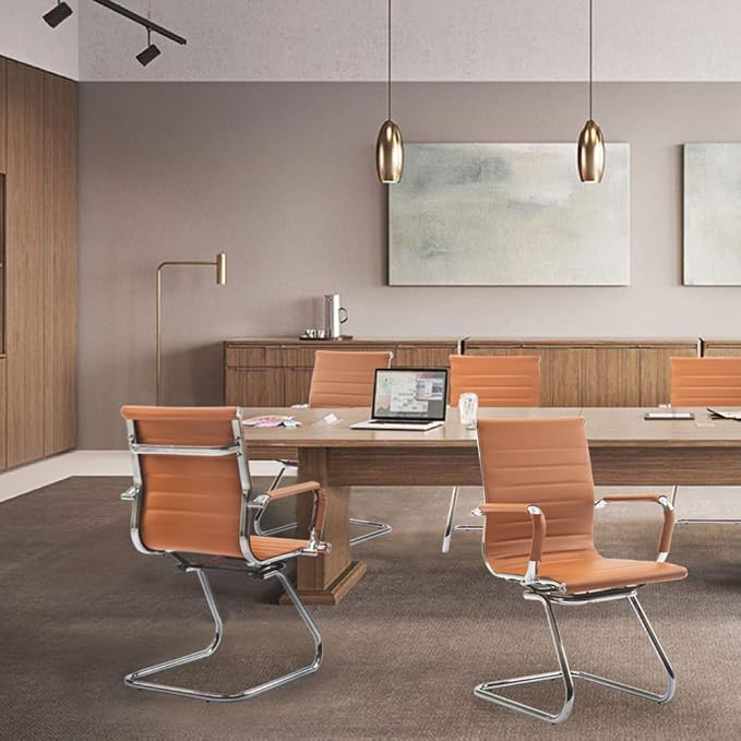 Wahson Office Guest Chairs Set of 6, Leather Reception Chairs, Mid Back Waiting Room Chair, Conference Chairs with Sled Base, Desk Chair No Wheels for Meeting/Lobby/Restroom, Terracotta