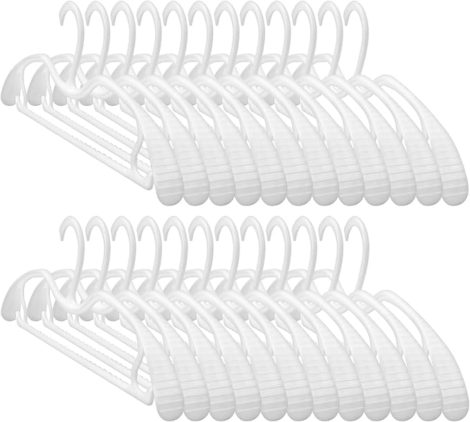 24 Pack Upgraded Short Neck Vertical Space Saver Hangers Heavy Duty Wide Shoulder Clothes Hangers Built-in Dual Hooks Wave Pattern Non-Slip Plastic Hangers for Coats Suits Dresses Pants - White