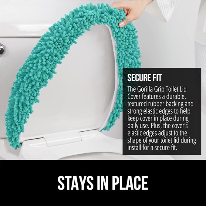 GORILLA GRIP Soft Chenille Bathroom Toilet Lid Cover, Machine Washable Seat Covers, 19.5x18.5, Stays in Place Rubber Backing, Fits Most Round, Elongated and Oblong Lids, Accessories Decor, Turquoise
