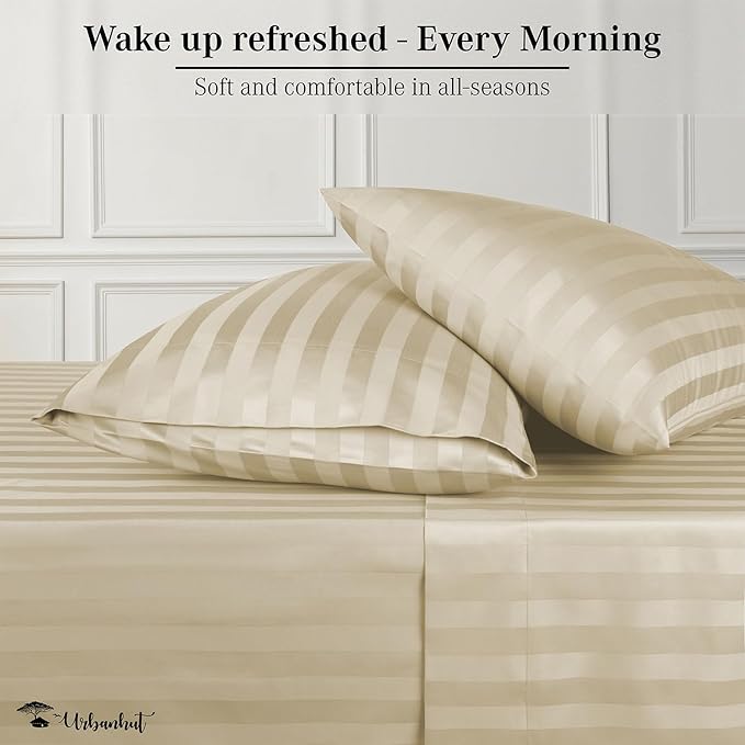 URBANHUT 800 Thread Count 100% Cotton Damask Full Size Sheets, 4 Piece Striped Full Size Bedsheets, Luxury Hotel Sheets Sateen Weave - Better Than Egyptian, 16" Elasticized Deep Pocket- Sand