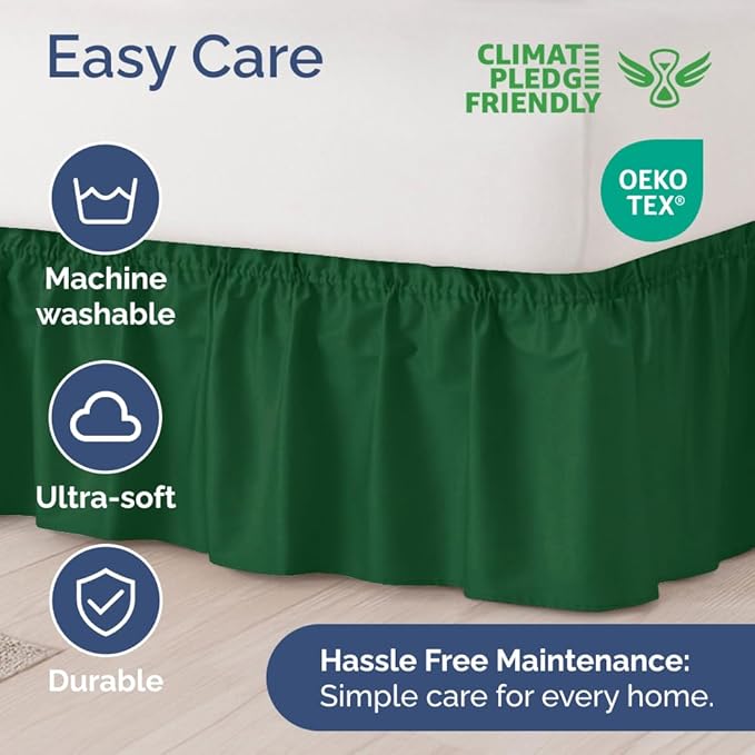 Wrap Around Dust Ruffle Bed Skirt - Emerald - Twin/Twin XL Size Beds w/ 12 Inch Drop - Easy Fit Elastic Strap - Adjustable Pleated Bedskirt w/Brushed Fabric - Wrinkle Free - Women, Men, Kids & Teens