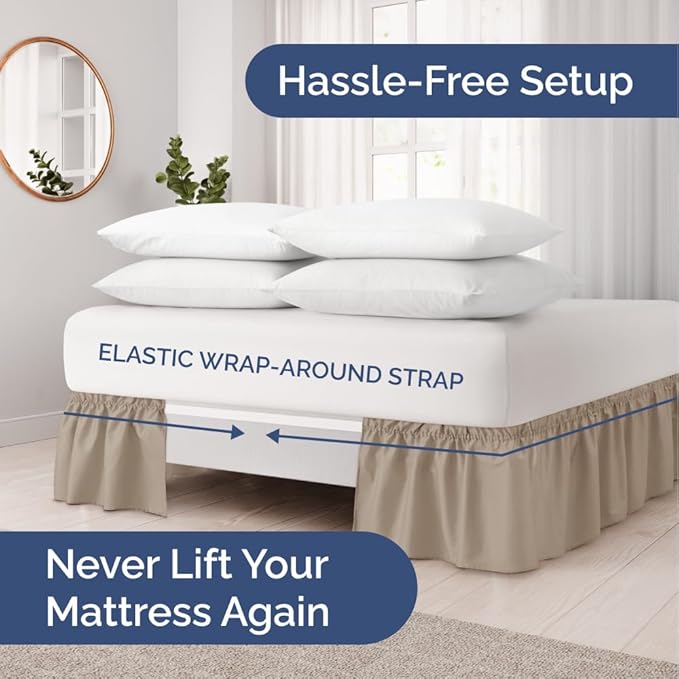 Wrap Around Dust Ruffle Bed Skirt - Cream - for Twin Size Beds w/ 16 Inch Drop - Easy Fit Elastic Strap - Adjustable Pleated Bedskirt w/Brushed Fabric, Wrinkle & Fade Free Women, Men, Kids & Teens